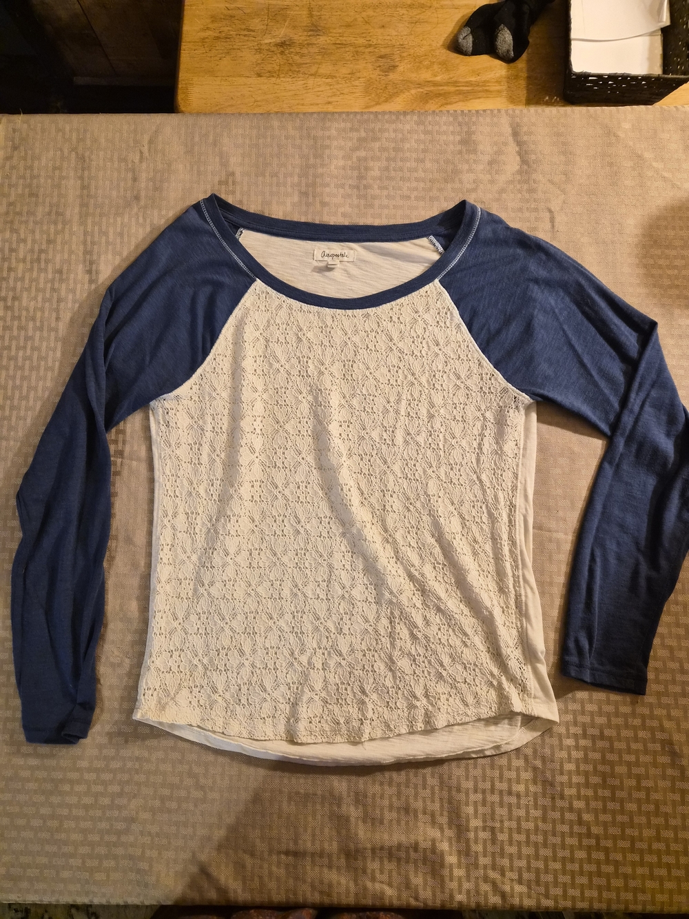 Aeropostale Lace Front Raglan Long Sleeve Top with Blue Sleeves